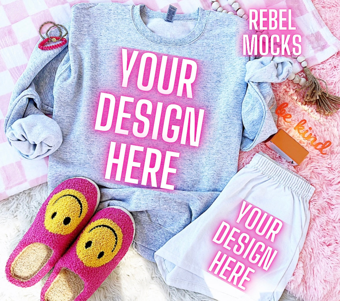 Gildan Ash Crewneck Sweatshirt Happy Vibes TRENDING Flat Lay Mock up