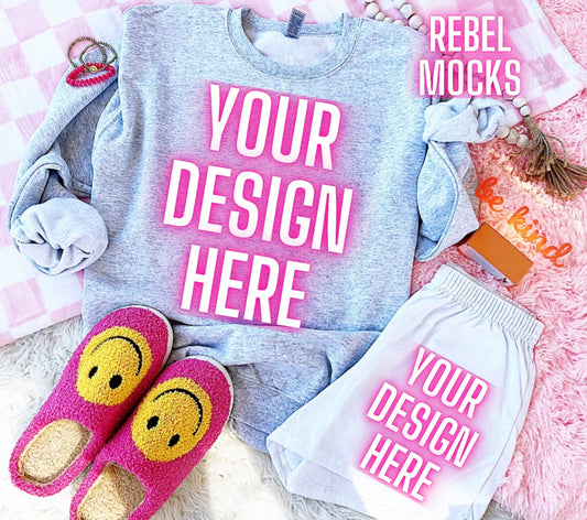 Gildan Ash Crewneck Sweatshirt Happy Vibes TRENDING Flat Lay Mock up