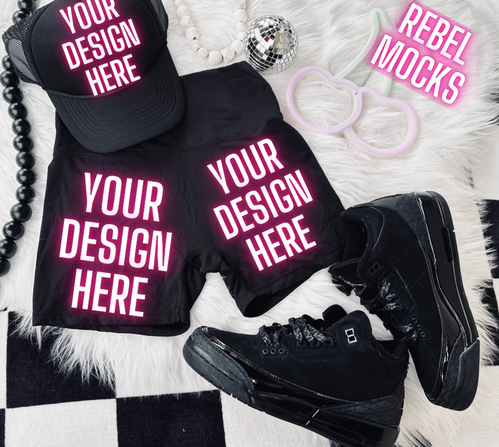 Black Biker Shorts Flat Lay Trending Mock Up Flat Lay