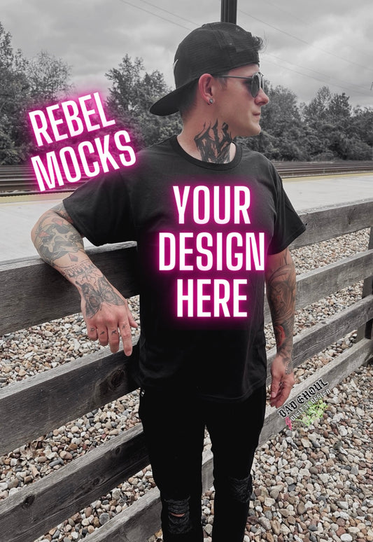 Mens Black Tee Model Mock up IRL Alternative Edgy