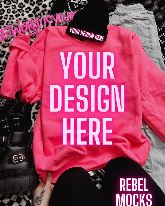 Safety Pink Crew Neck Sweatshirt Edgy Alt Trendy Mock Up flat Lay