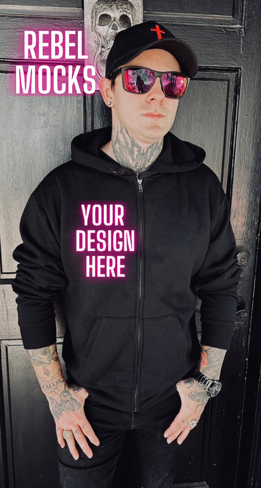 Mens Alt Style Black zip up Hoodie Model Mock Up