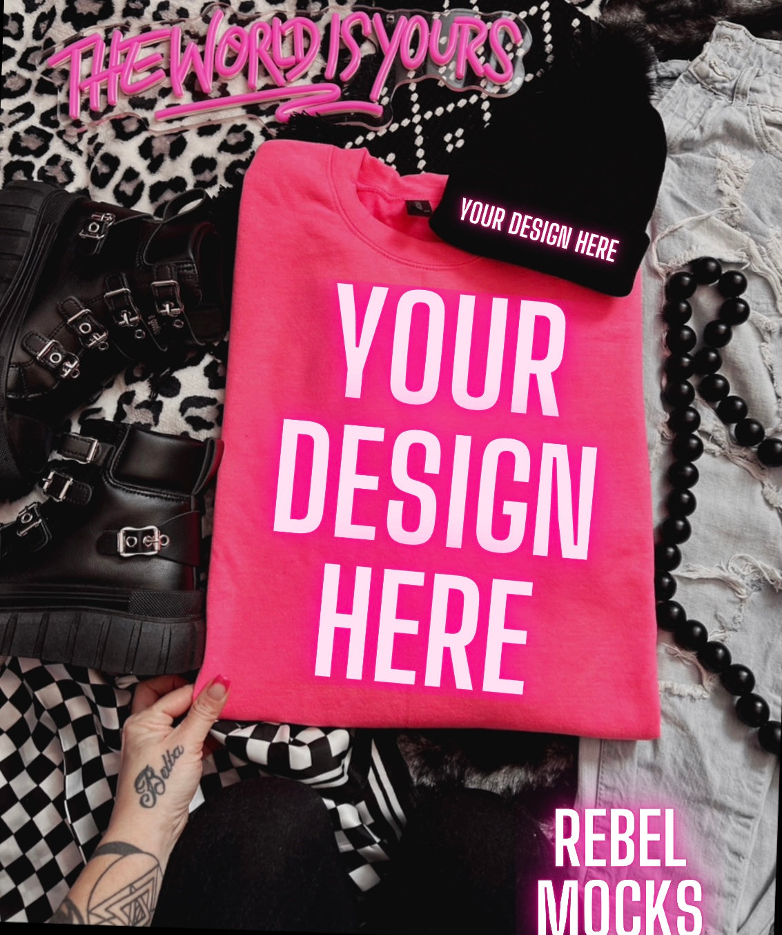 Safety Pink Crew Neck Sweatshirt Edgy Alt Trendy Mock Up flat Lay