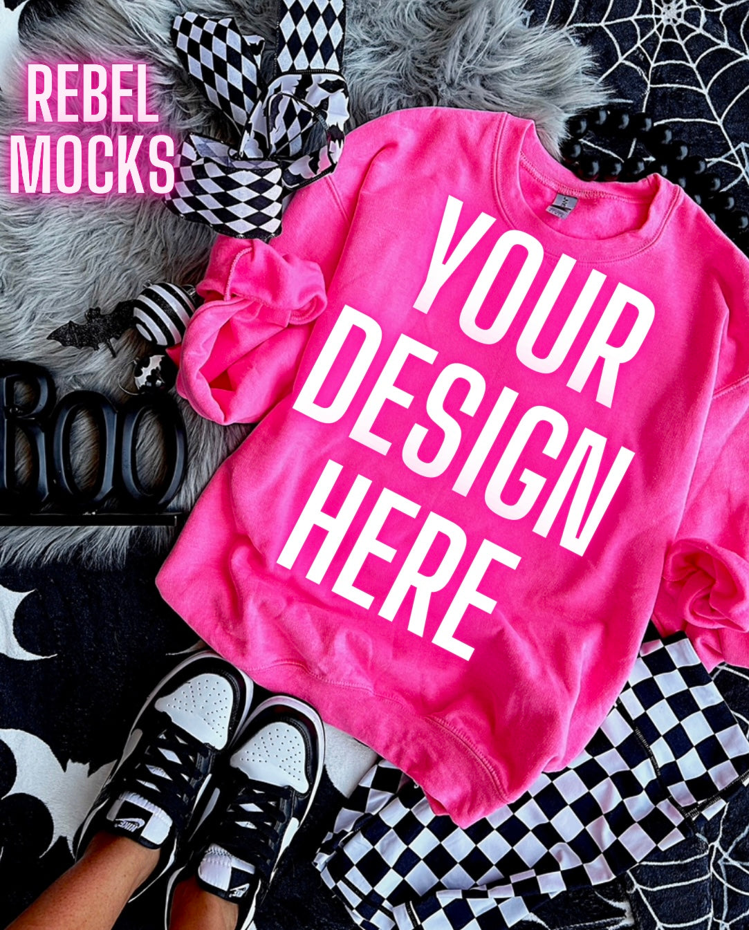 Spooky Safety pink crewneck sweatshirt Edgy Flat Lay Mock UP