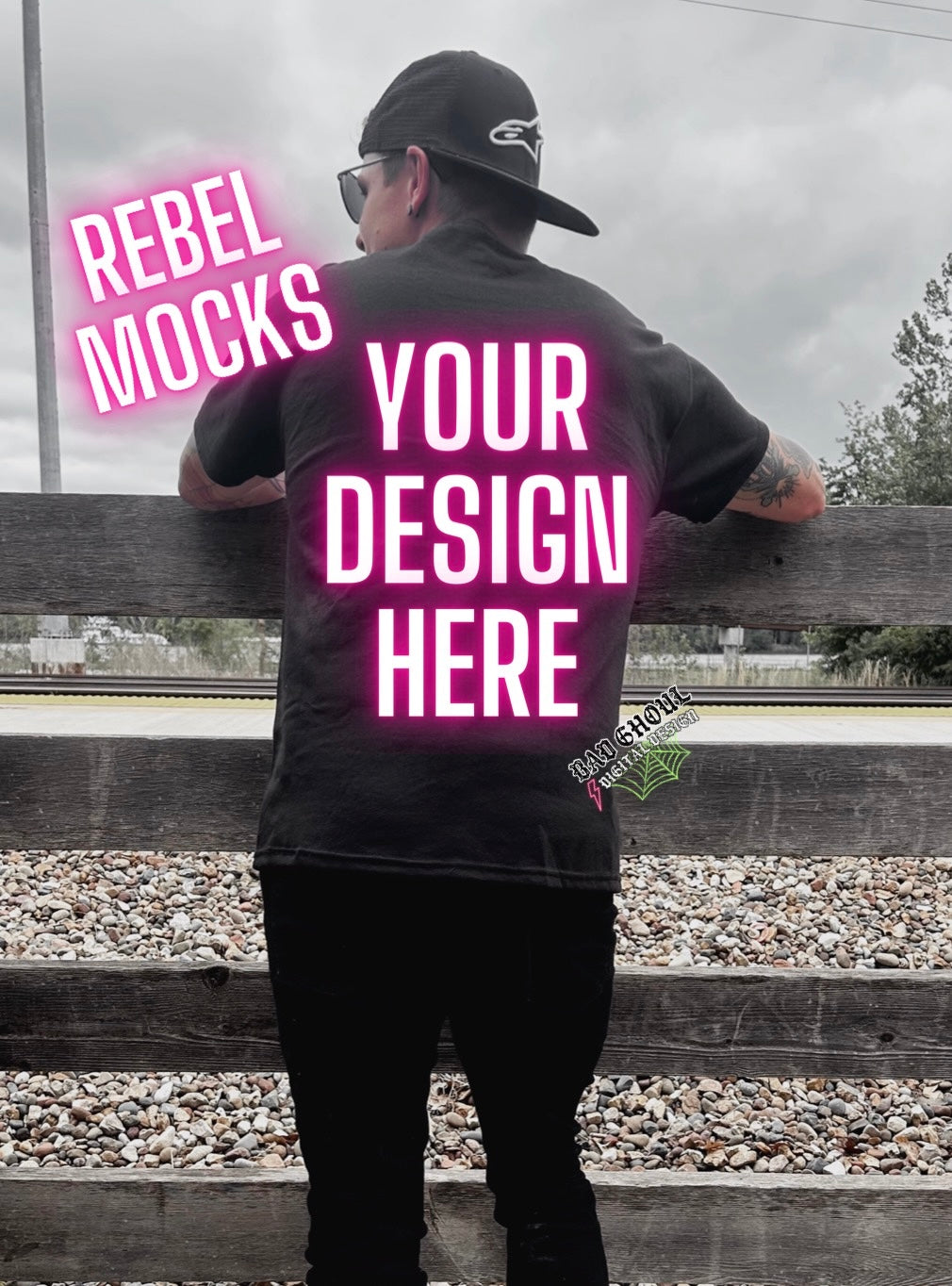 Mens Black Back Tee Model Mock up IRL Alternative Edgy