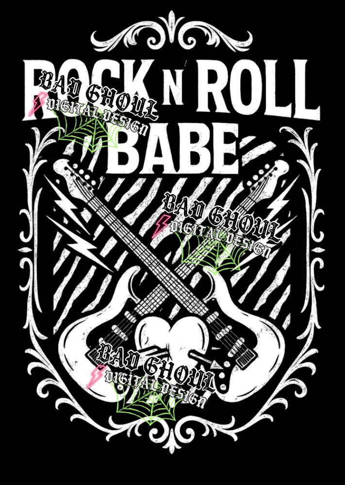 Rock N Roll Babe PNG DOWNLOAD Black Fabric Only