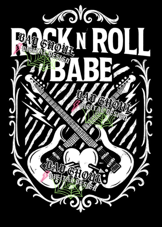 Rock N Roll Babe PNG DOWNLOAD Black Fabric Only