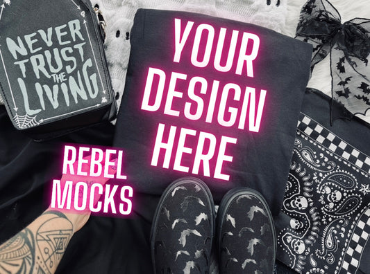Black Tee Edgy Alt Flat Lay Mock up