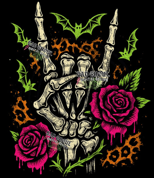 Neon Skelly Hand PNG DOWNLOAD black fabric only