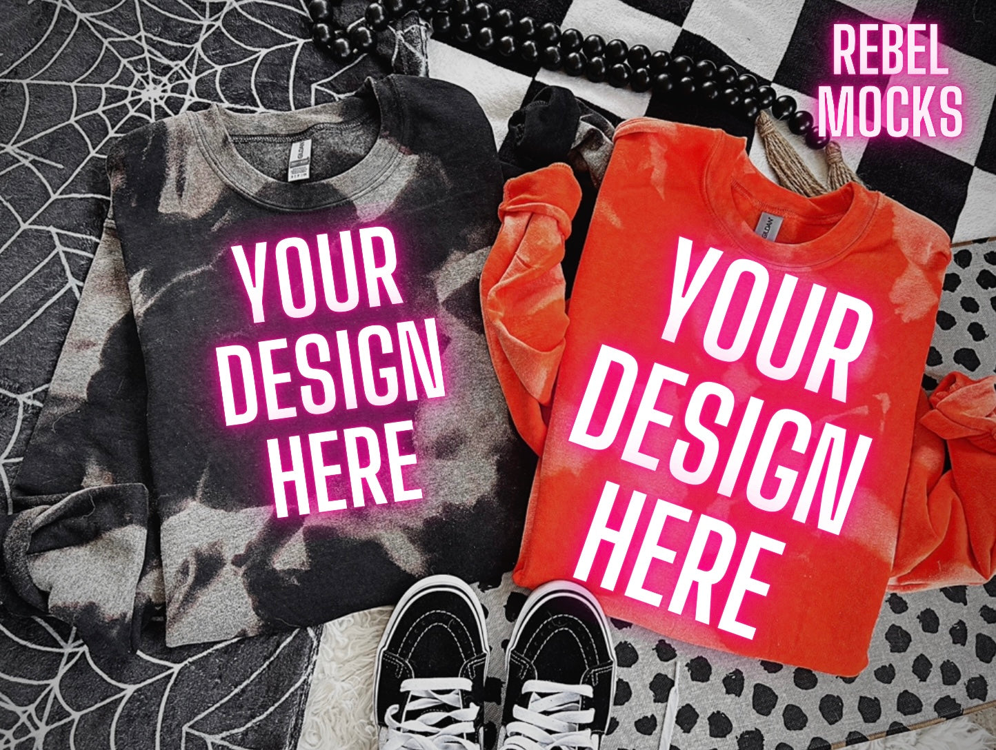 Acid Wash Crew Neck Sweatshirt black and orange Flat Lay Mock Up TRENDING VIBES