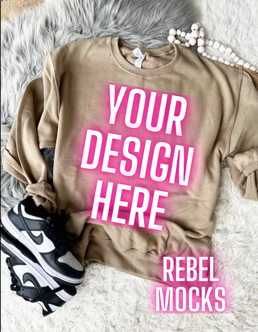 Kahki Crew Neck Sweatshirt Jerzee Trendy Mock Up Flat Lay