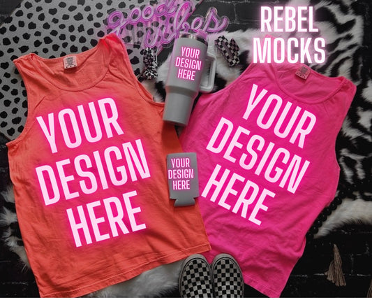 Comfort Colors Tank Neon PINK and Neon Red Orange Mock Up flat lay Cup and Koozie