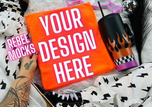 Safety Orange Tee Trending Alternative Flat Lay Mockup