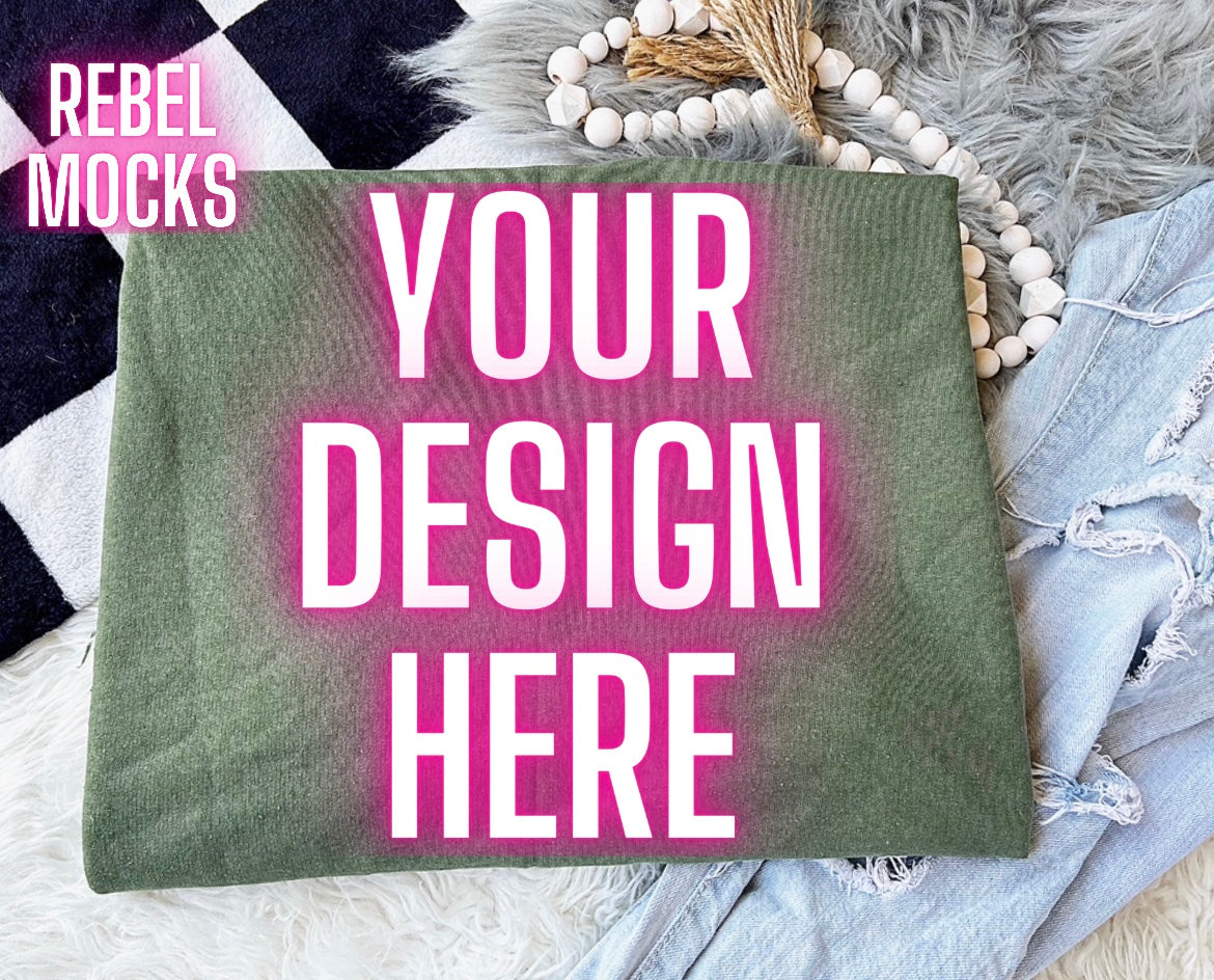 Gildan Military Green Sweatshirt Crew Neck Trendy Mock Up Flat Lay