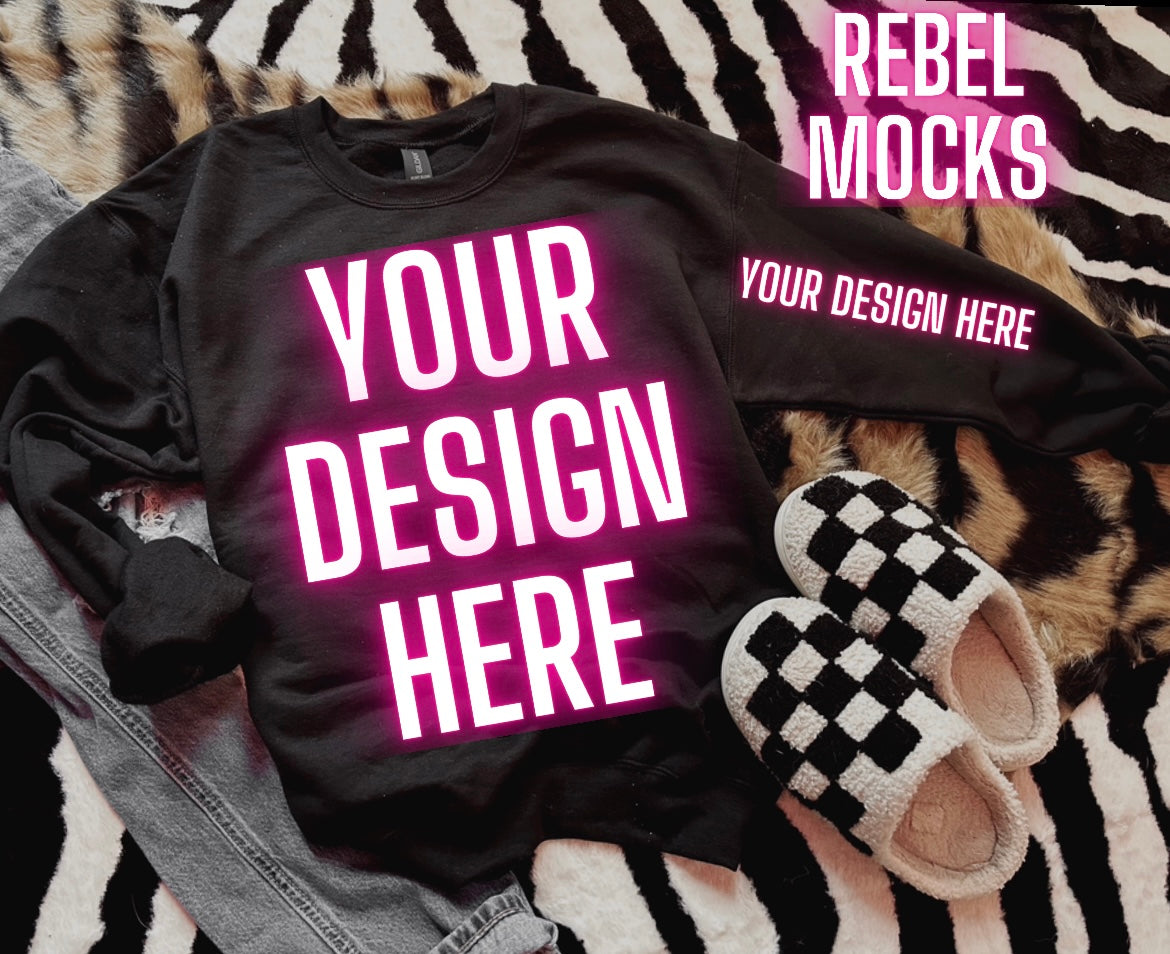 Black Crew Neck Sweatshirt Mock Up Trendy Grungy Edgy Vibes Flat Lay Mock Up