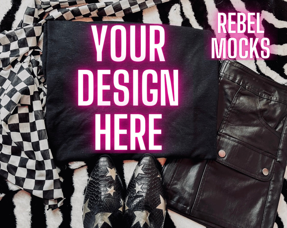 Black Tee Mock Up Trendy Grungy Edgy Vibes Flat Lay Mock Up