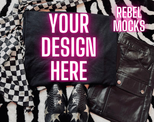 Black Tee Mock Up Trendy Grungy Edgy Vibes Flat Lay Mock Up