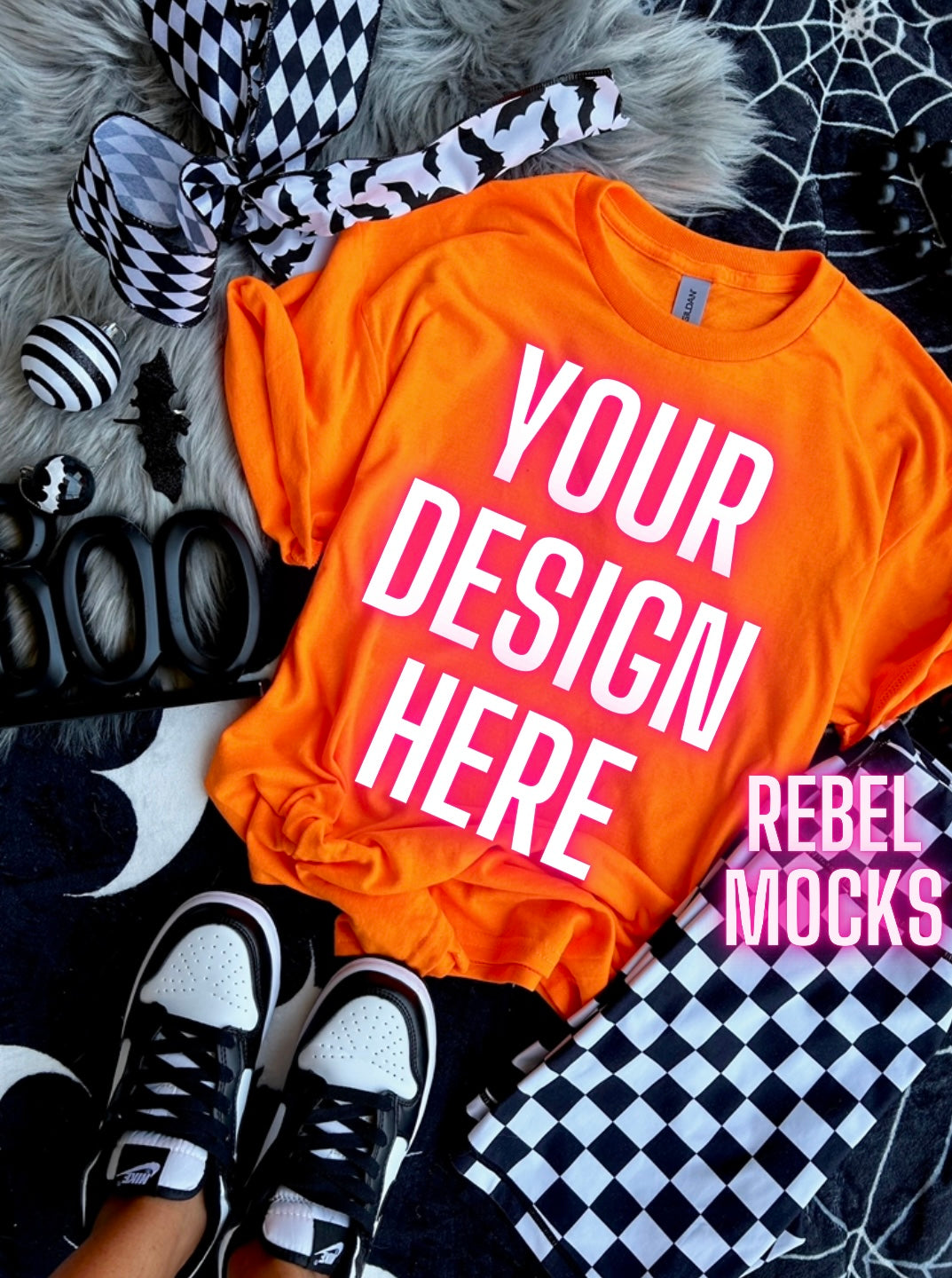 Safety Orange Spooky Tee Edgy Flat Lay Mock UP