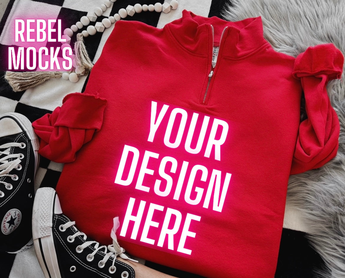 Red 1/4 Zip Up Sweatshirt Jerzees Trendy Mock Up Flat Lay