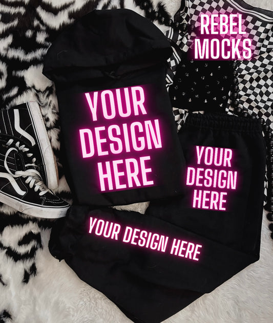 Black Sweat Sets Hoodie and Sweatpants Flat Lay Mock Up TRENDING VIBES