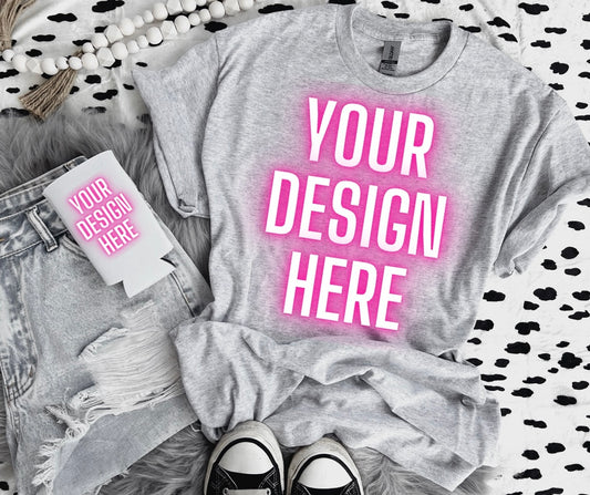 Ash Tee & Koozie Flat Lay Mock Up Neutral Vibes