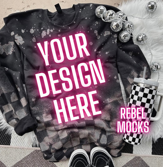 Checkered Bottom Black Acid Wash Crew Neck Sweatshirt