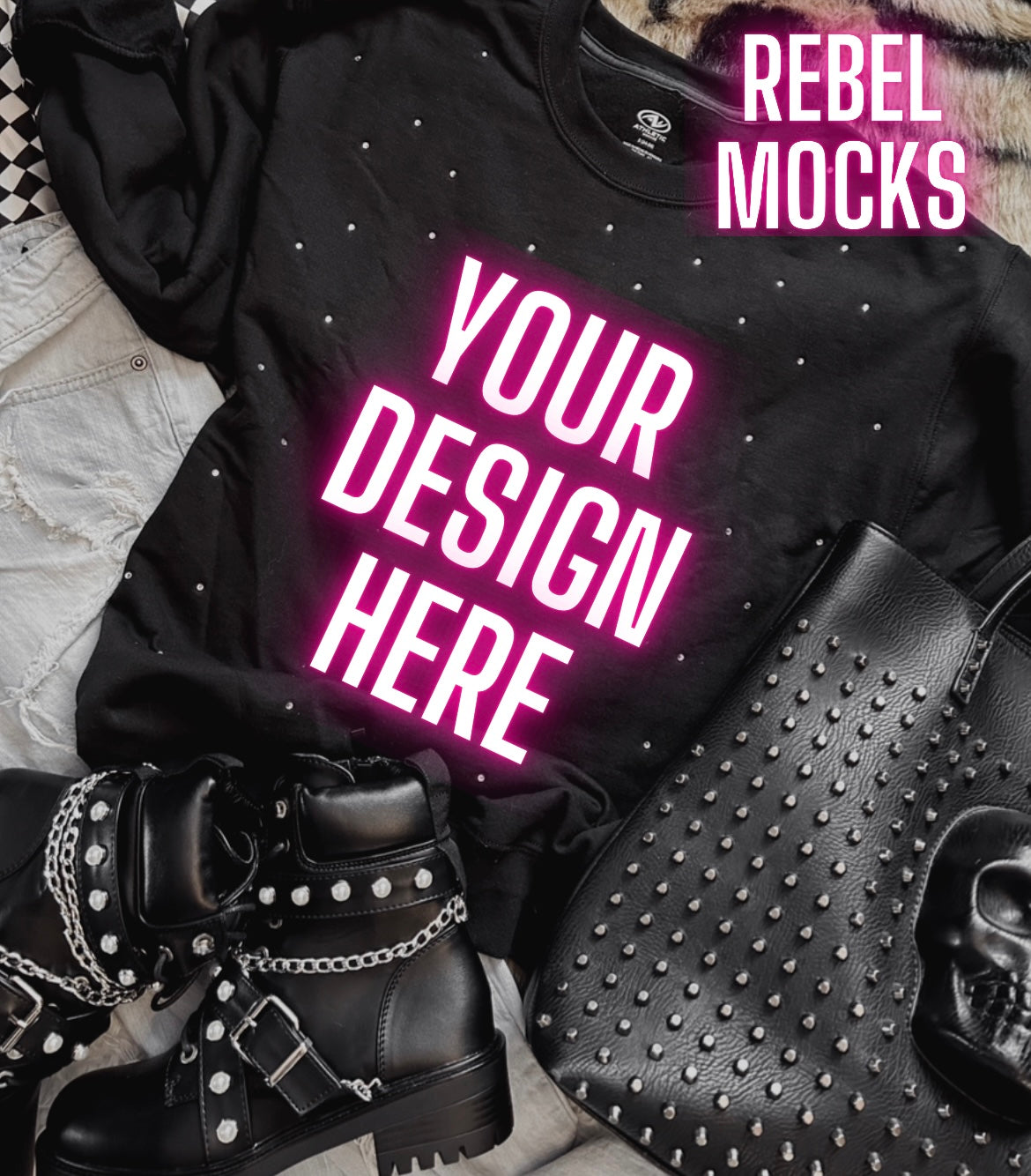 Rhinestone BLING Black Crew Sweatshirt Flat Lay Mock Up