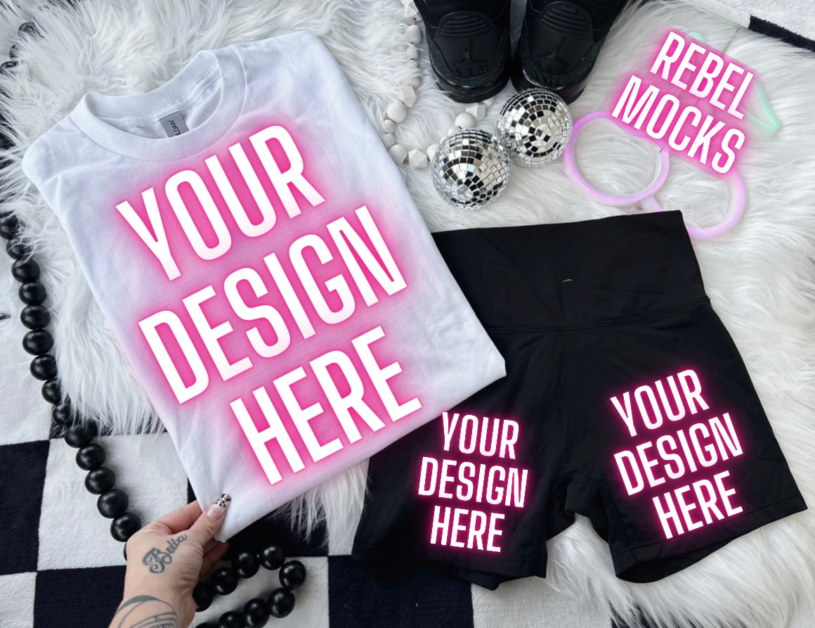 White + Biker Shorts Flat Lay Trending Mock Up Flat Lay