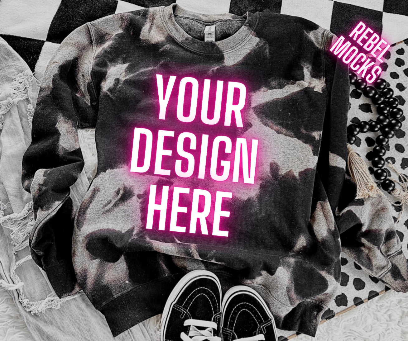 Black Acid Wash Crew Neck Sweatshirt Flat Lay Mock Up TRENDING VIBES