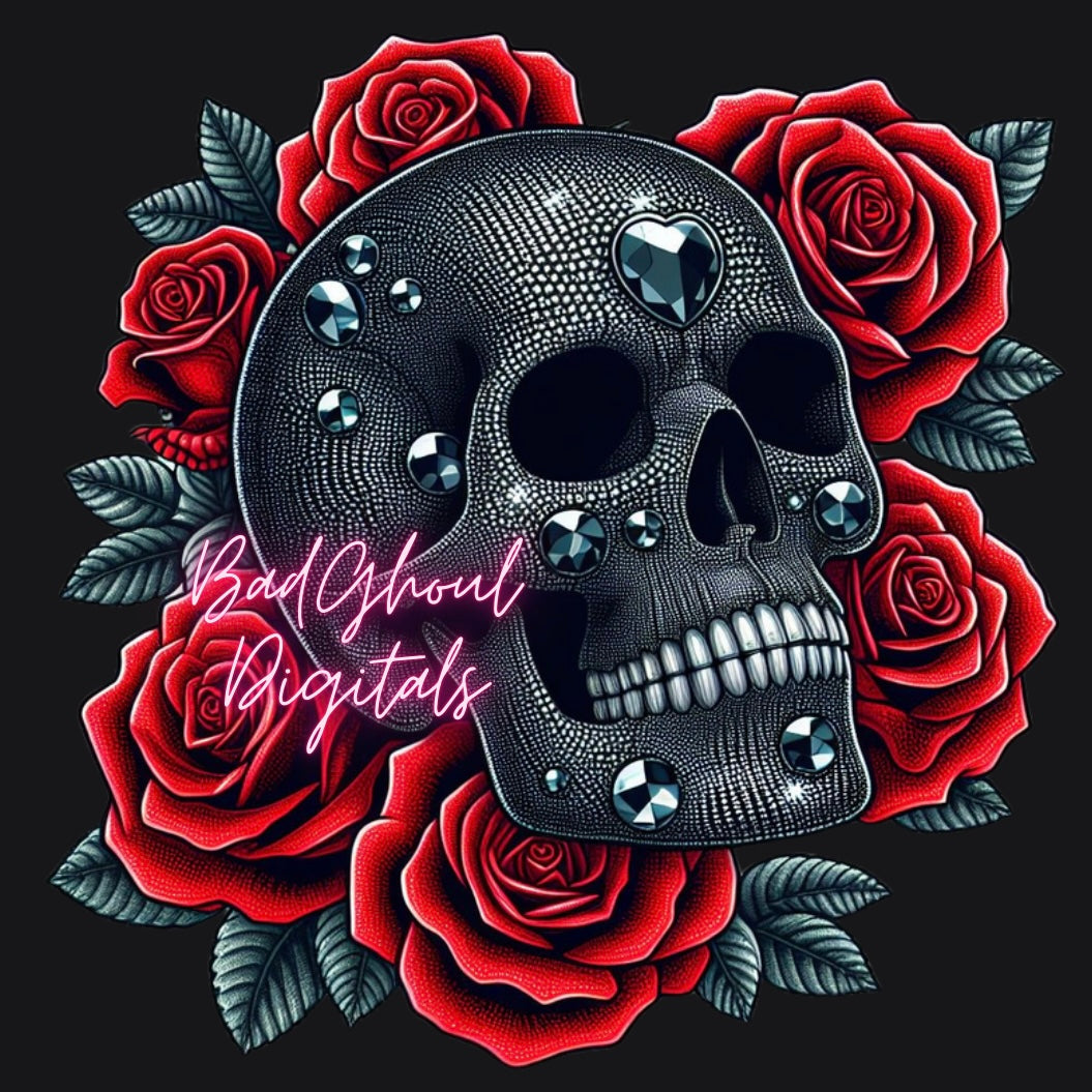 Blingy Skull and Roses PNG Digital Download