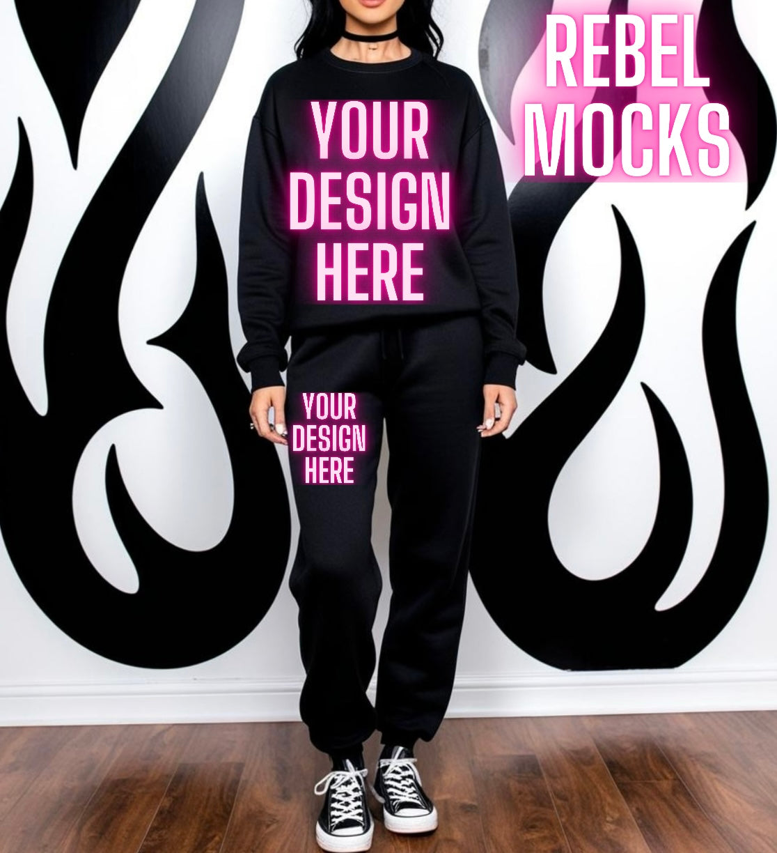 Black Sweat Set Sweatshirt & Jogger Edgy Trendy Model Mock Up