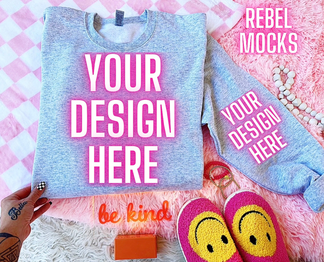 Gildan Ash Crewneck Sweatshirt Happy Vibes TRENDING Flat Lay Mock up