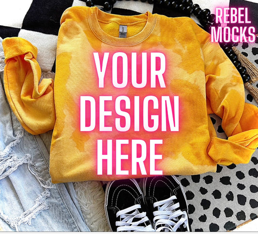 Yellow Acid Wash Crew Neck Sweatshirt Flat Lay Mock Up TRENDING VIBES