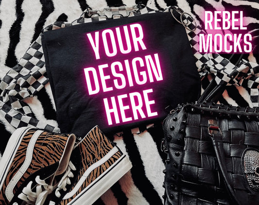 Black Tee Mock Up Trendy Grungy Edgy Vibes Flat Lay Mock Up