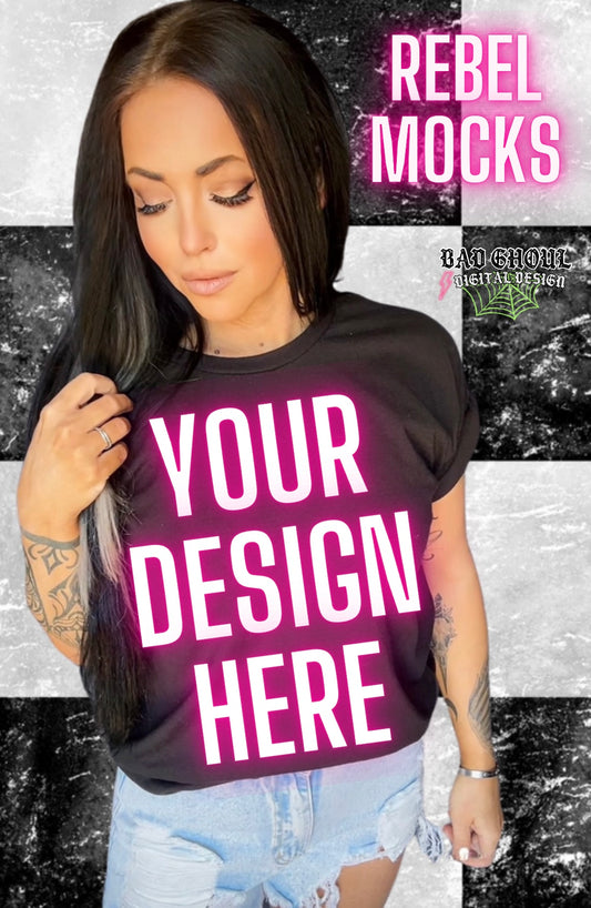 Black Rolled Sleeve Bella Muscle Tank Model Mock Trendy Background Tee IRL Mock Up