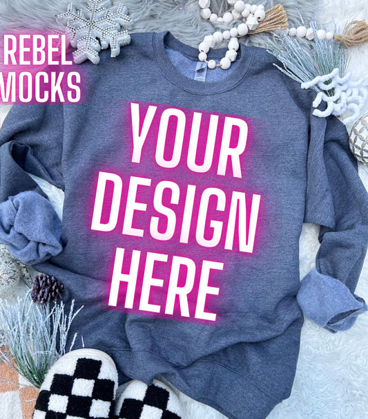 Gildan Heather Navy Crewneck Sweatshirt Neutral Holiday Winter Flat Lay Mock Up Checkered