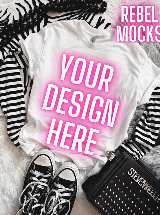 White Tee Flat Lay Edgy Mock Up