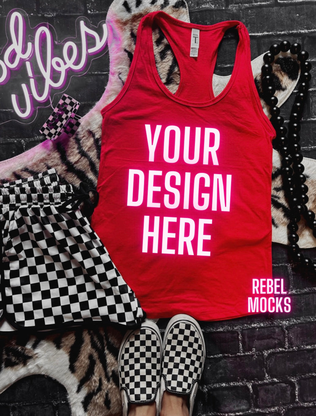 Red Tank Mock Up Trendy Edgy Vibes Flat Lay 2 mocks