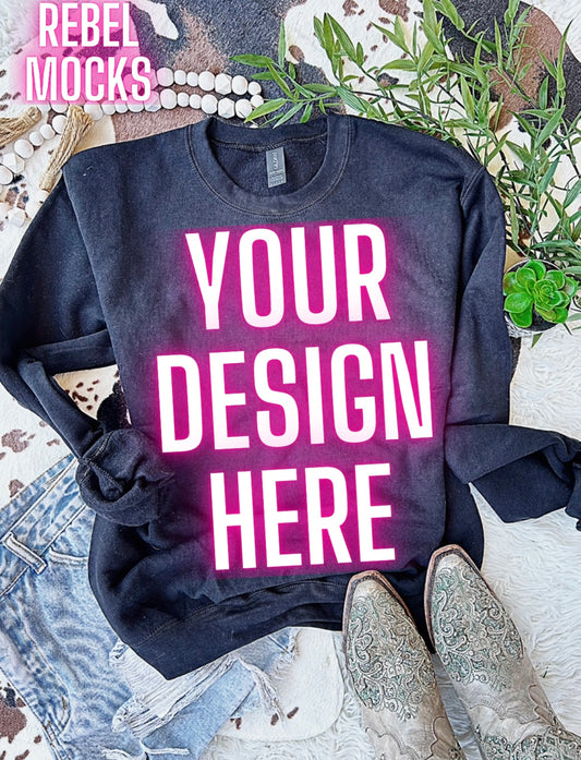 Western Vibes Black Crewneck Sweatshirt Flat Lay Mock UP