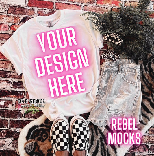 White Tee Flat Lay Mock Up Checkered