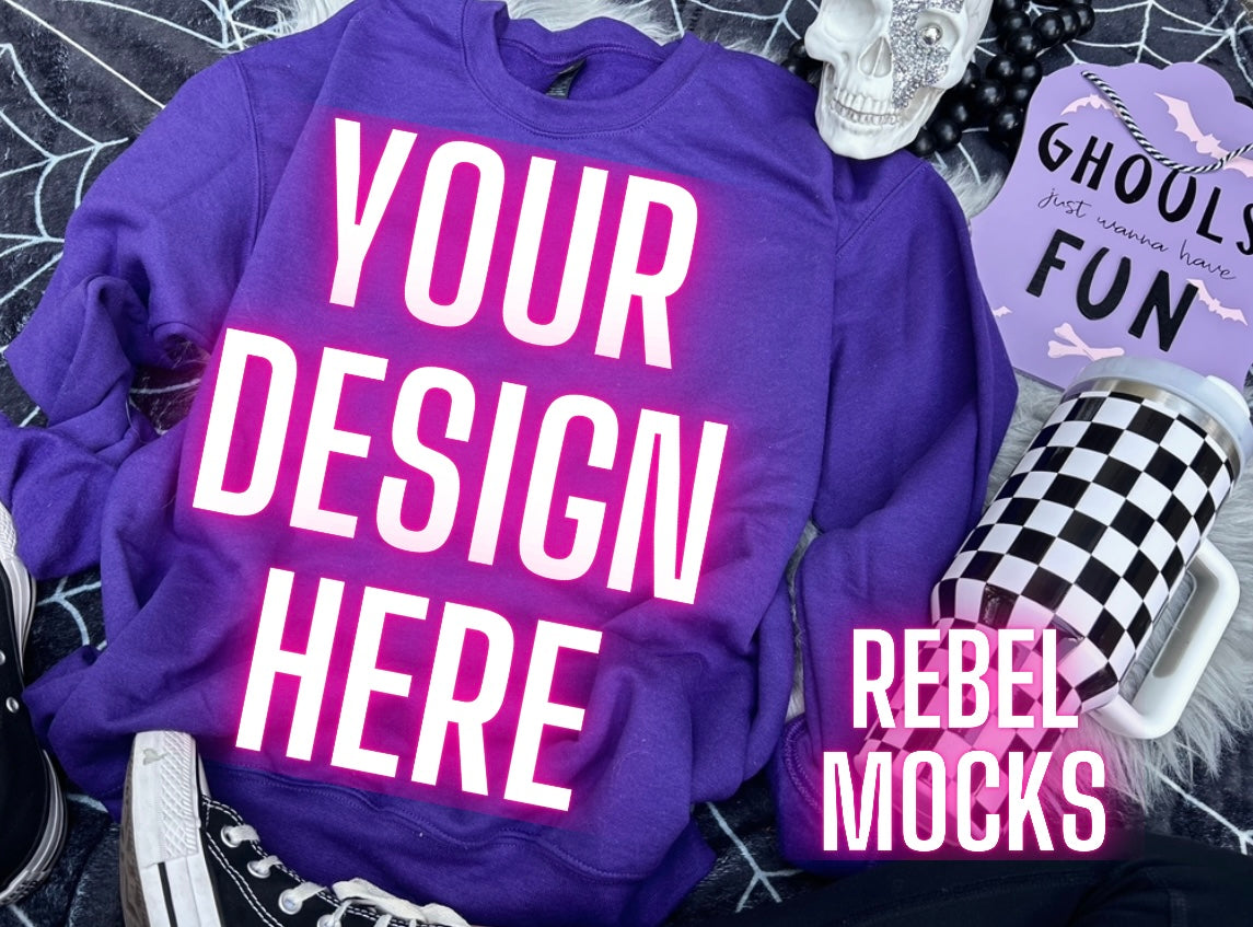 Purple Gildan Crew Neck Sweatshirt Mock Up Flat Lay