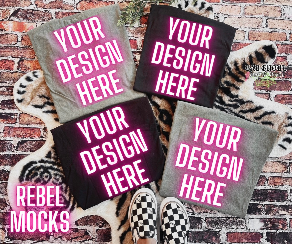 Collage Black & Heather Military Green Tee Flat Lay Mock Up