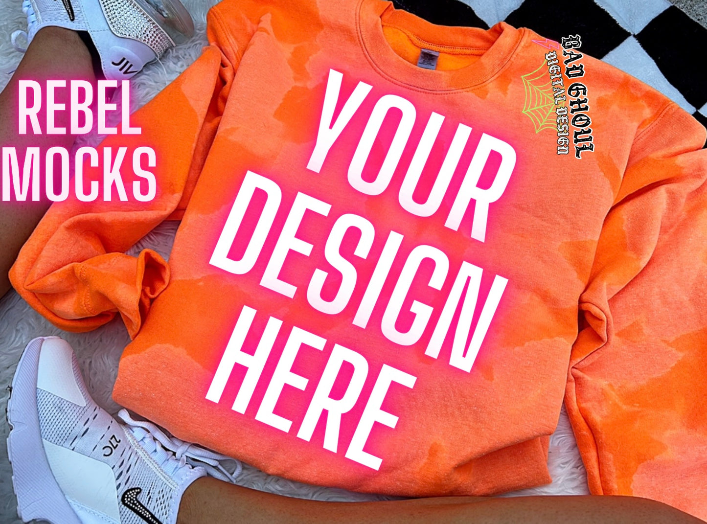 Neon Orange Acid wash Crew Neck Sweatshirt Flat Lay Mock Up TRENDING VIBES
