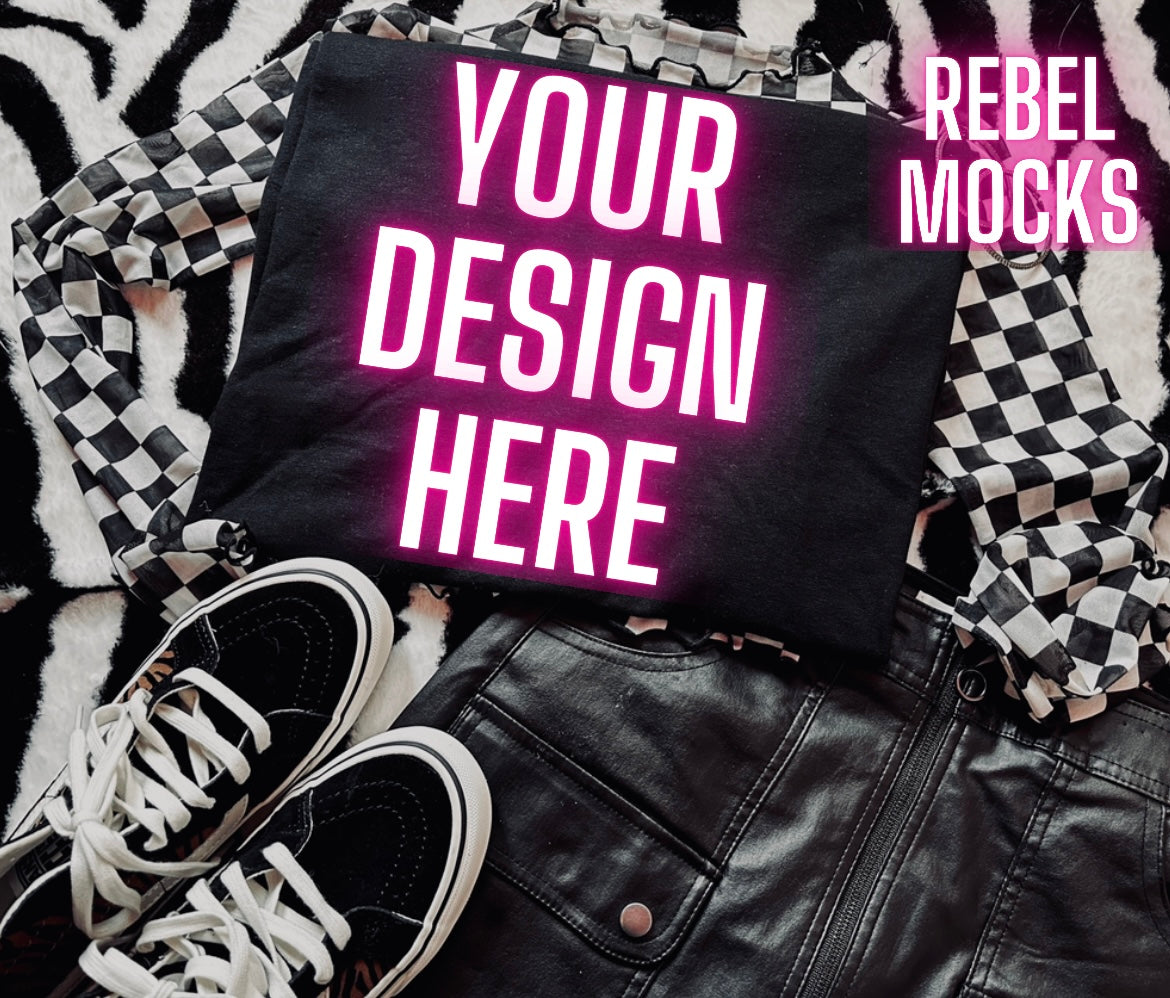 Black Tee Mock Up Trendy Grungy Edgy Vibes Flat Lay Mock Up
