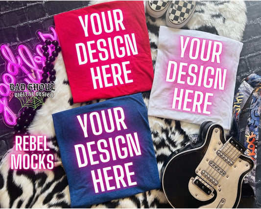 Flat Lay White Red Blue tee Mock Up Trendy Edgy Vibes