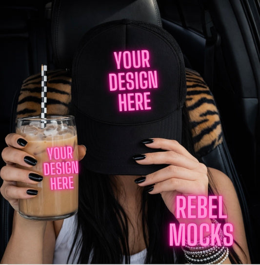 Trucker Hat & Glass Cup| Edgy Alternative Mock Up