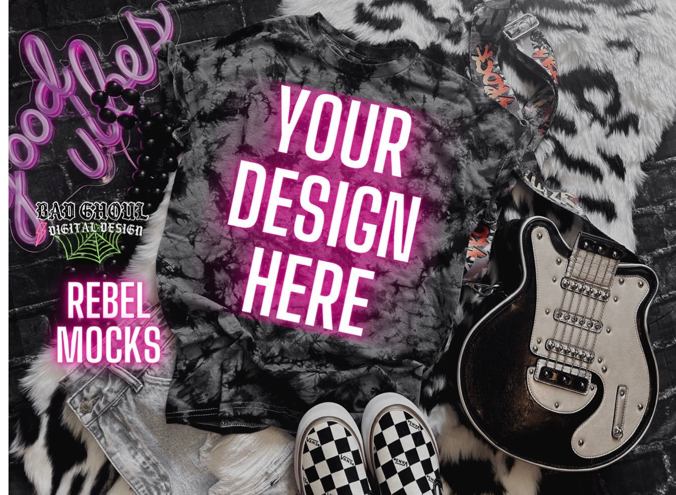 Flat Lay Dyenomite Gray and Black tee Mock Up Trendy Edgy Vibes