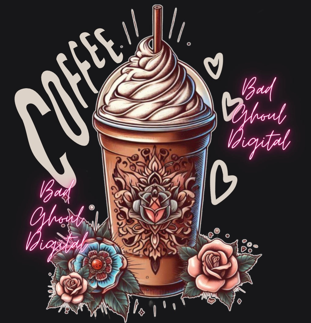 Ink Style Floral Coffee PNG Download sub and DTF friendly