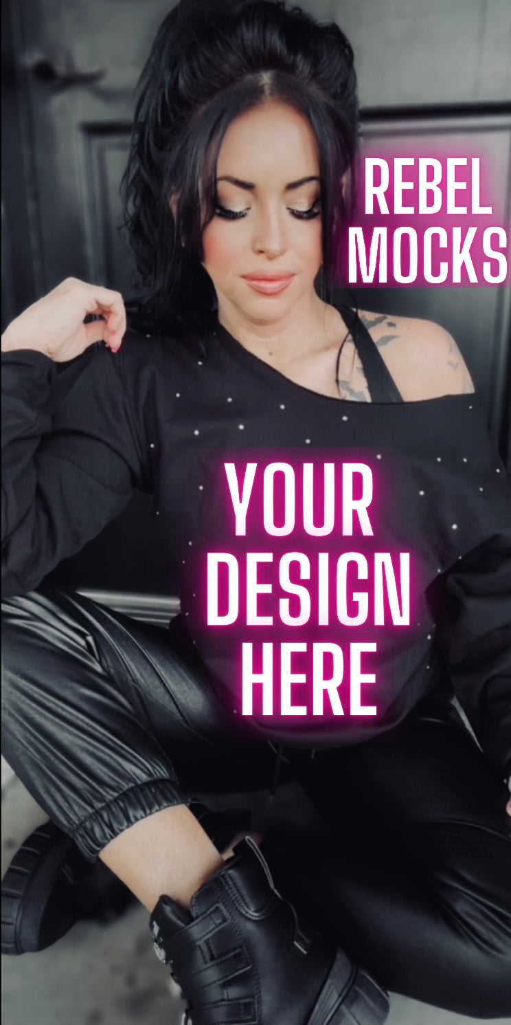 Rhinestone BLING Off Shoulder Black Crew Sweatshirt Model Mock Up