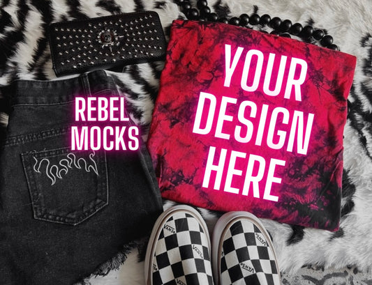 Red and Black Tie Dye Mock Up flat lay edgy